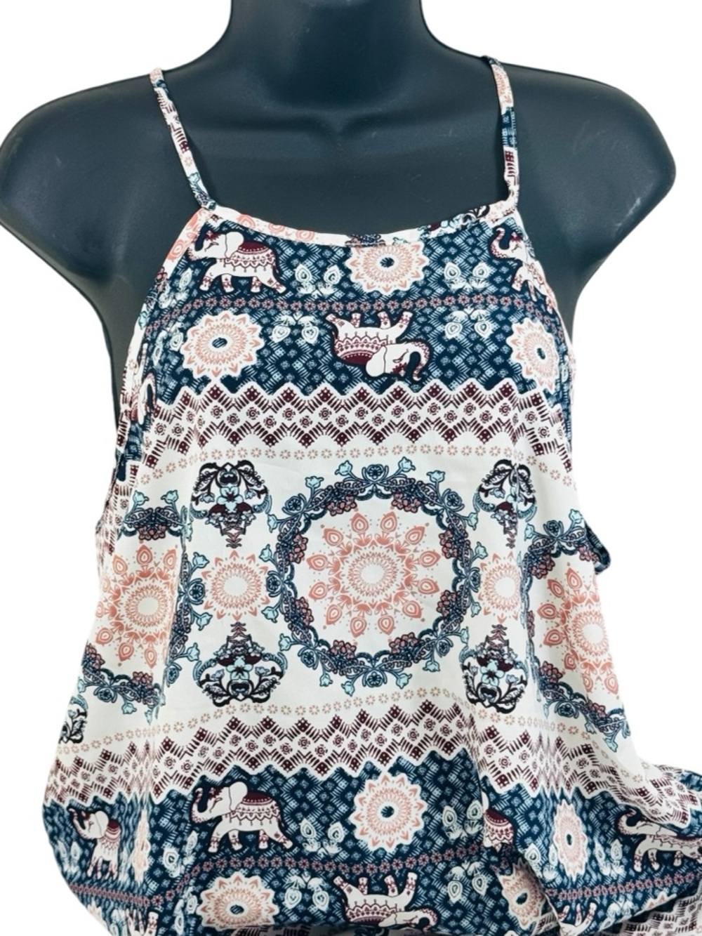 Boho Elephant Print Spaghetti Strap Tank Top - Navy & Blush
